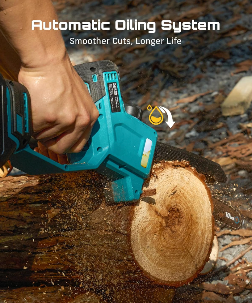 SEESII 10-inch cordless pole saw cutting through a log with automatic oiling system highlighted
