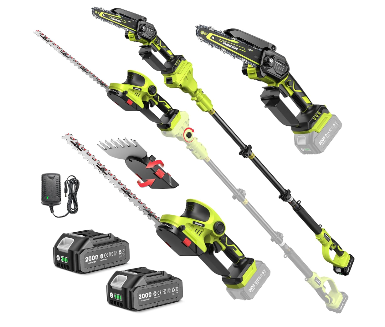 Supstable 6-in-1 Cordless Pole Saw with all attachments displayed